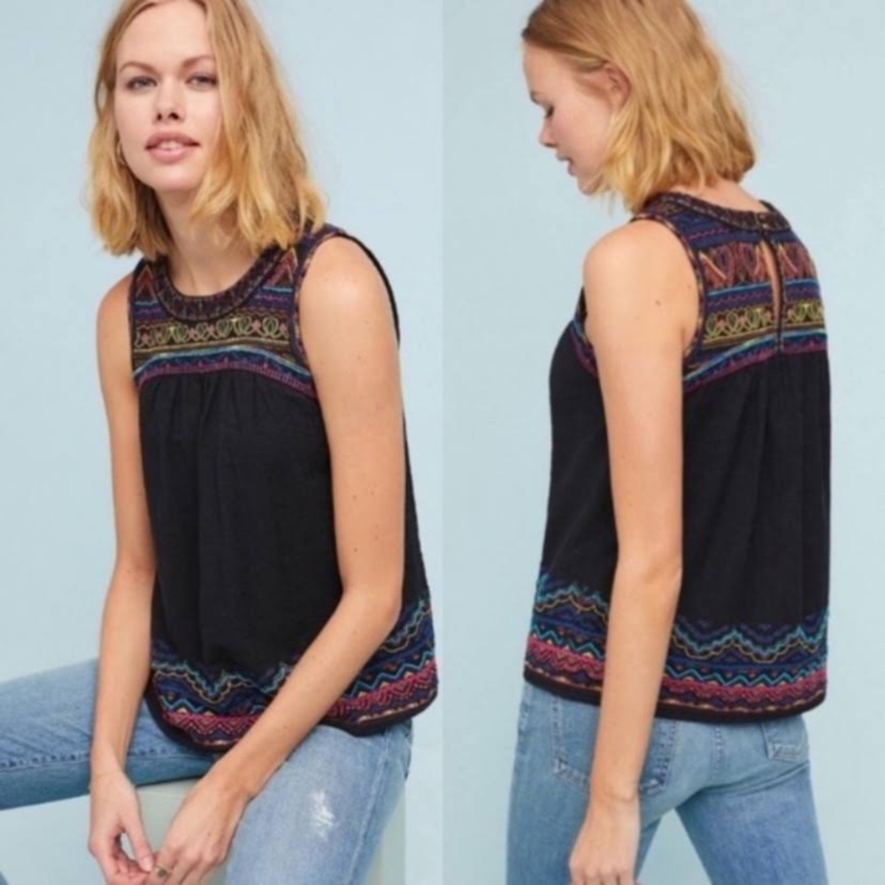 Anthropologie Black Tank Top with Multicolor Embroidery
